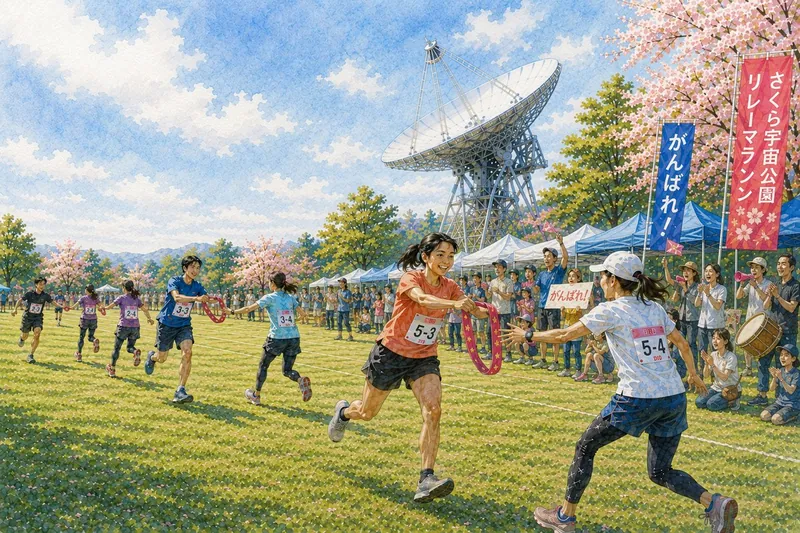 さくら宇宙公園でたすきをつなぐランナー